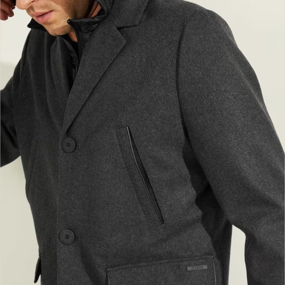 Men’s Guess Brandon Wool Blend Style Long Button Coat Sz Large Black - Picture 16 of 16